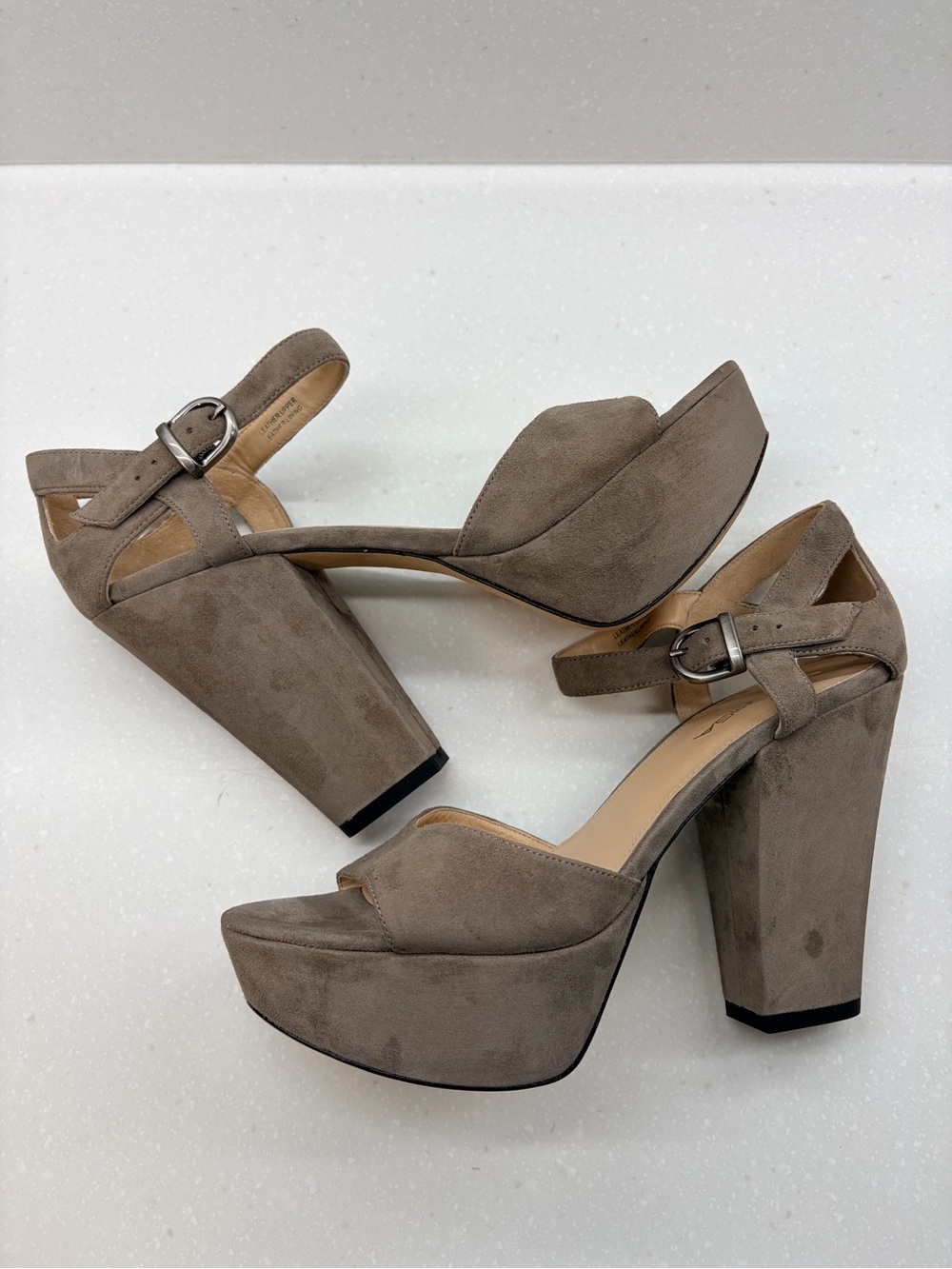 Via Spiga Leather Taupe Suede Platform Sandals with Ankle Strap NEW